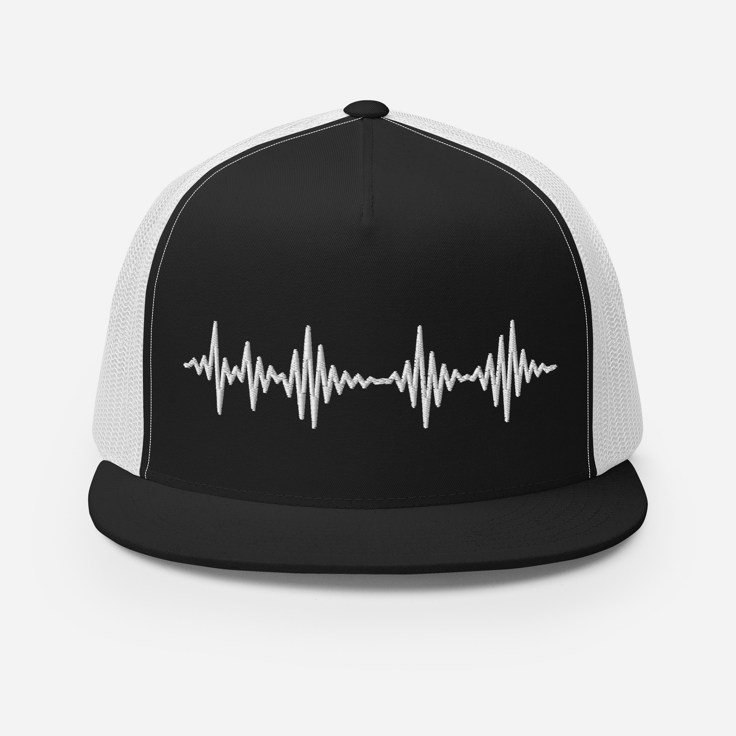 SleepSoundPeace: Trucker Cap Snapback Closure in Graphic Black w/White Embroidered Sound Wave