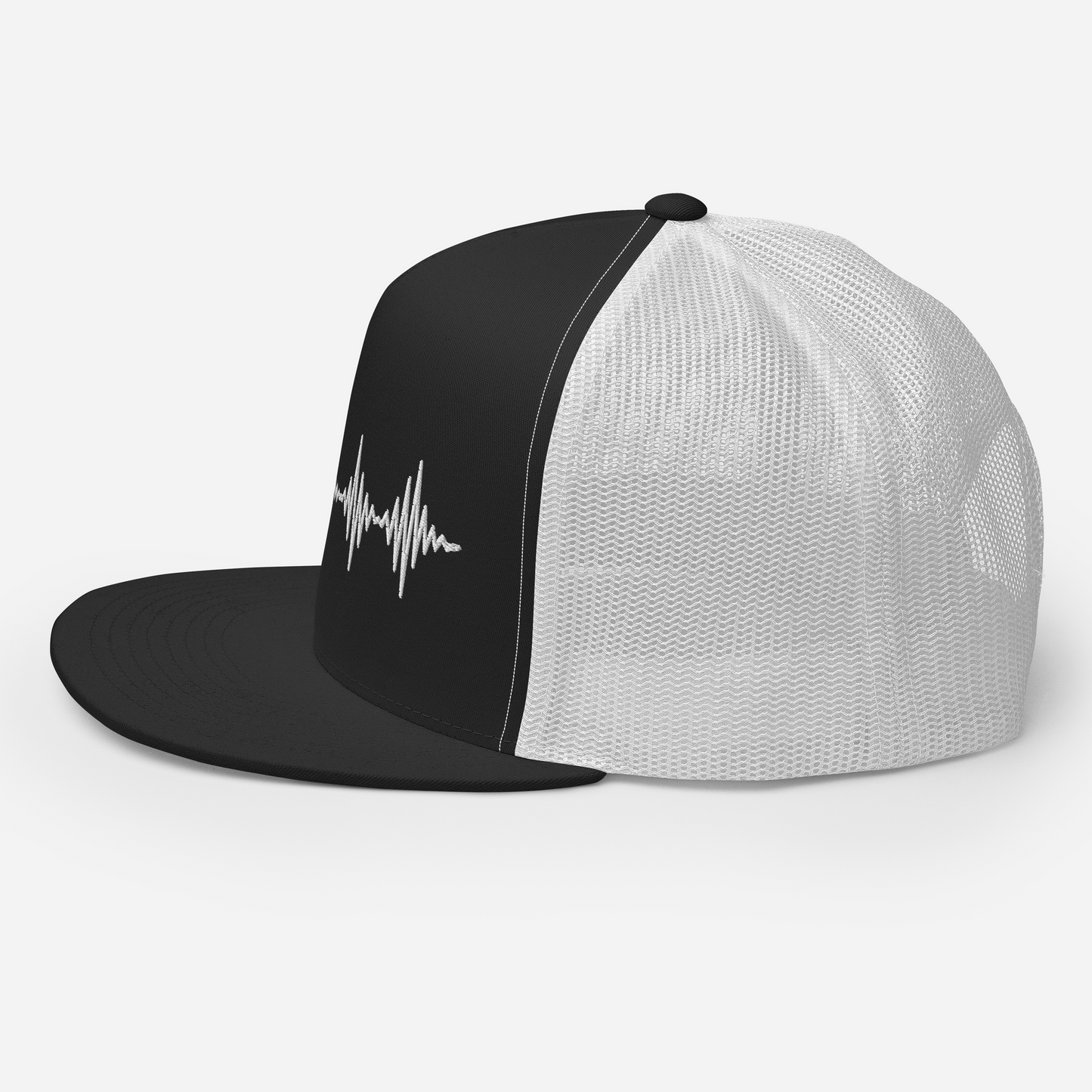 SleepSoundPeace: Trucker Cap Snapback Closure in Graphic Black w/White Embroidered Sound Wave