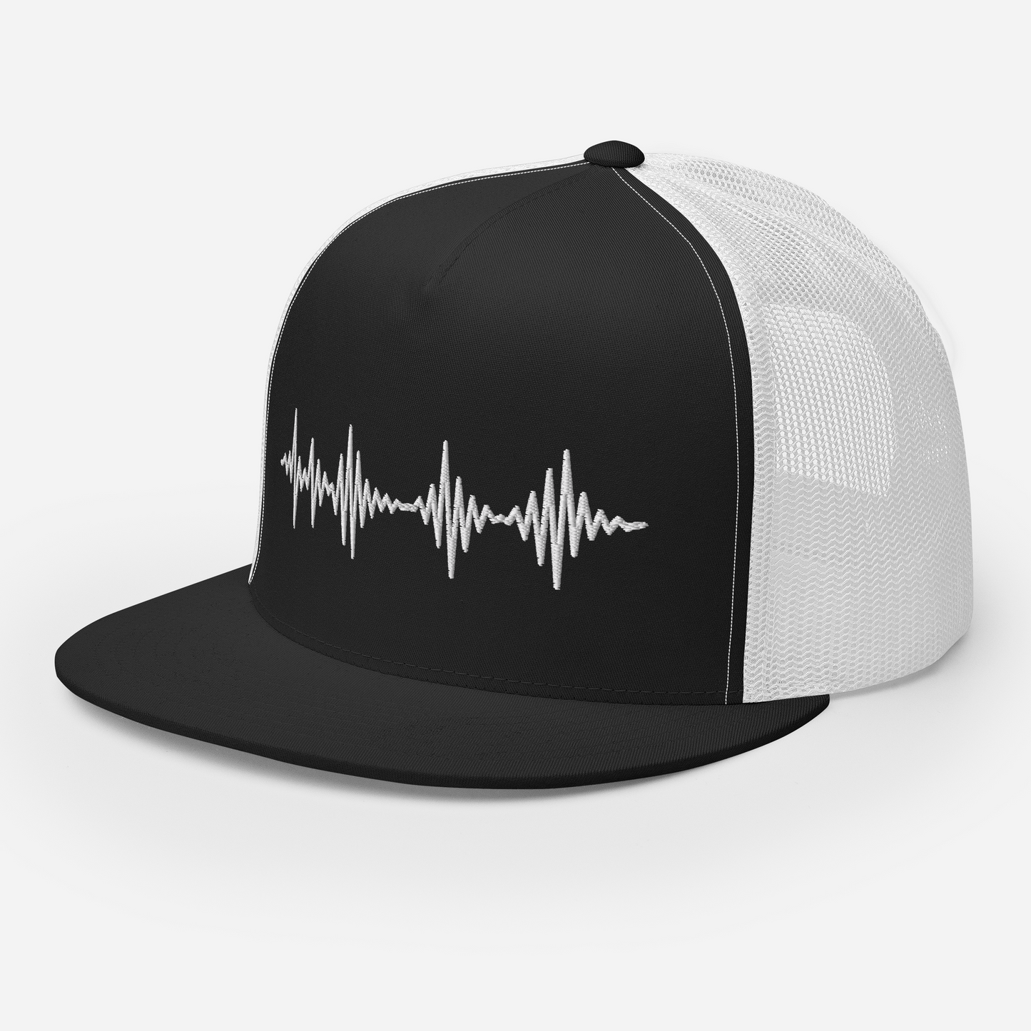 SleepSoundPeace: Trucker Cap Snapback Closure in Graphic Black w/White Embroidered Sound Wave