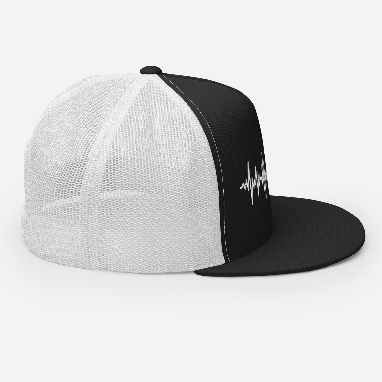 SleepSoundPeace: Trucker Cap Snapback Closure in Graphic Black w/White Embroidered Sound Wave