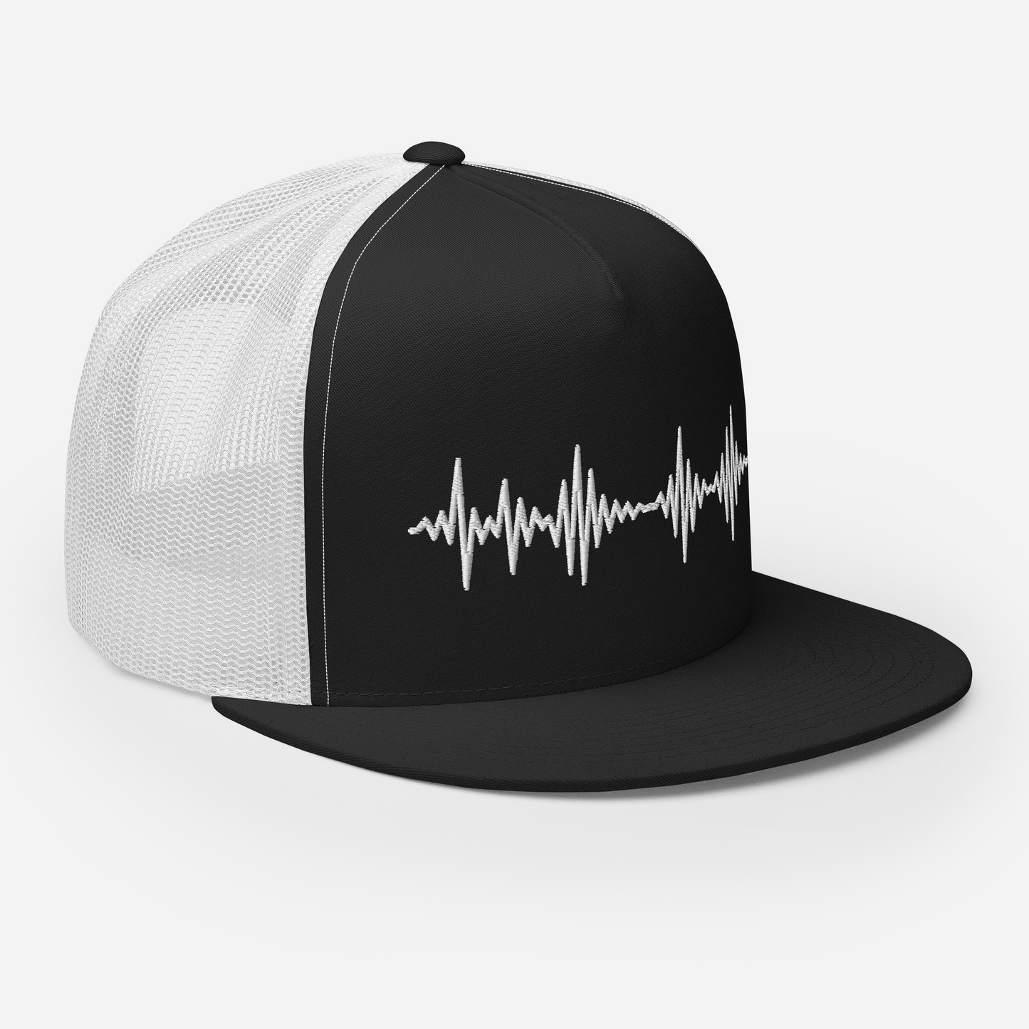 SleepSoundPeace: Trucker Cap Snapback Closure in Graphic Black w/White Embroidered Sound Wave