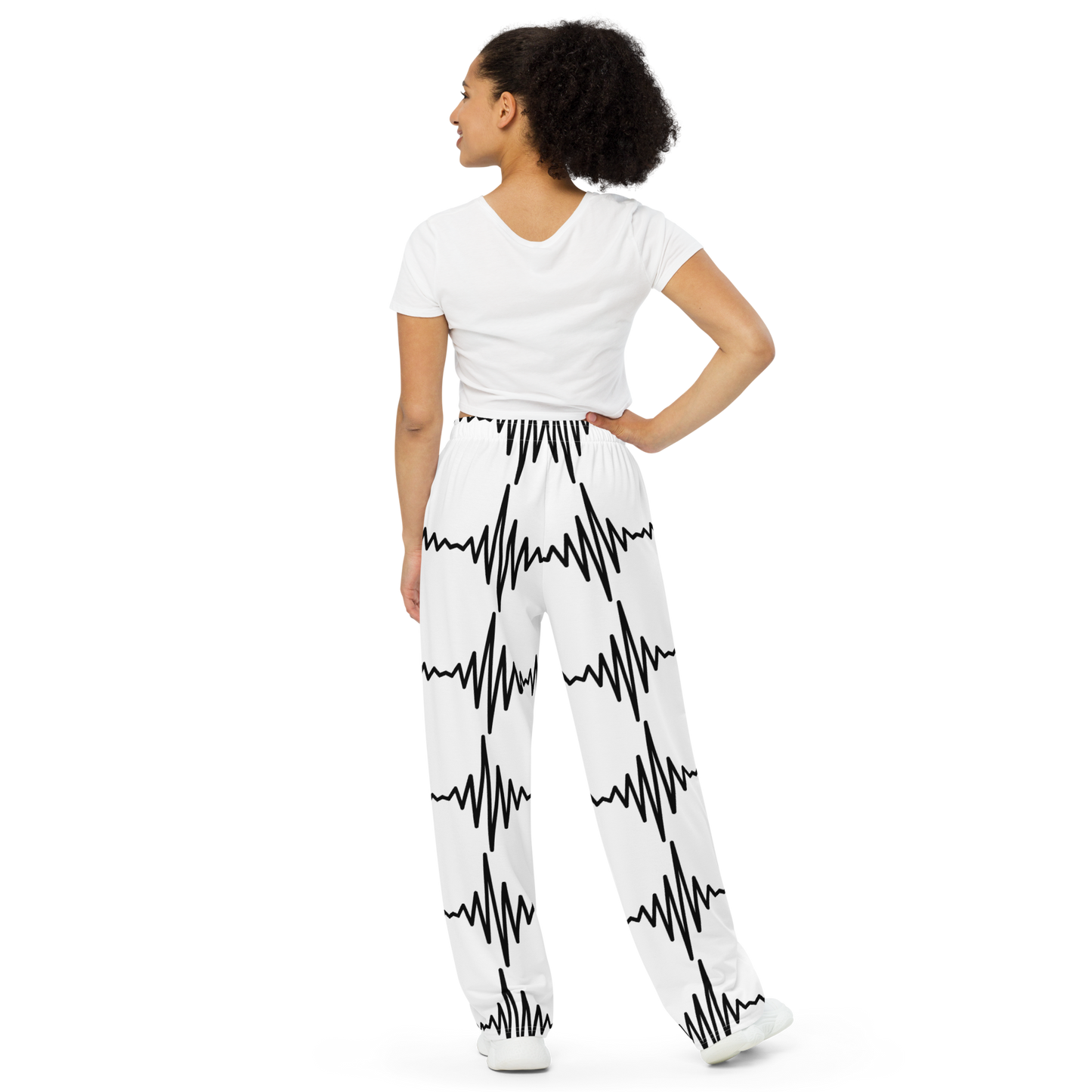 SleepSoundPeace: Wide-Leg Relaxed Fit Lounge Pants w/All-over Bold Sound Wave Graphic Print - White & Charcoal Black