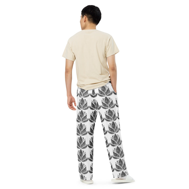 SleepSoundPeace: All-over print unisex wide-leg pants w/ bold lotus leaf graphic design