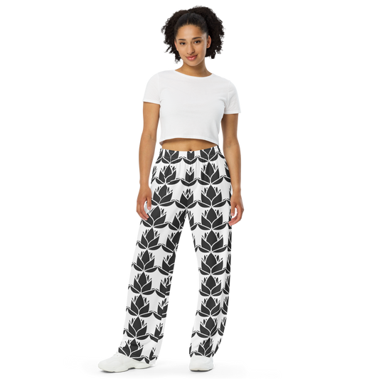 SleepSoundPeace: Unisex Wide-Leg Pants in White w/All-over Lotus Leaf Print - Relaxed Fit - Quality Easy-Stretch Fabric