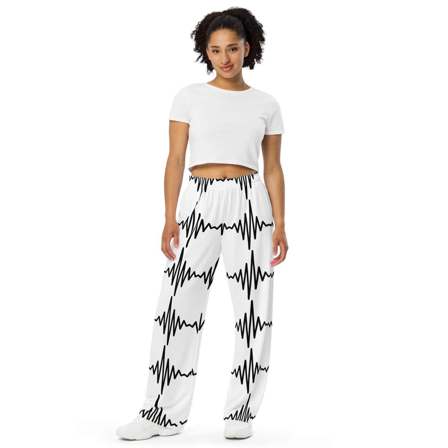 SleepSoundPeace: Wide-Leg Relaxed Fit Lounge Pants w/All-over Bold Sound Wave Graphic Print - White & Charcoal Black