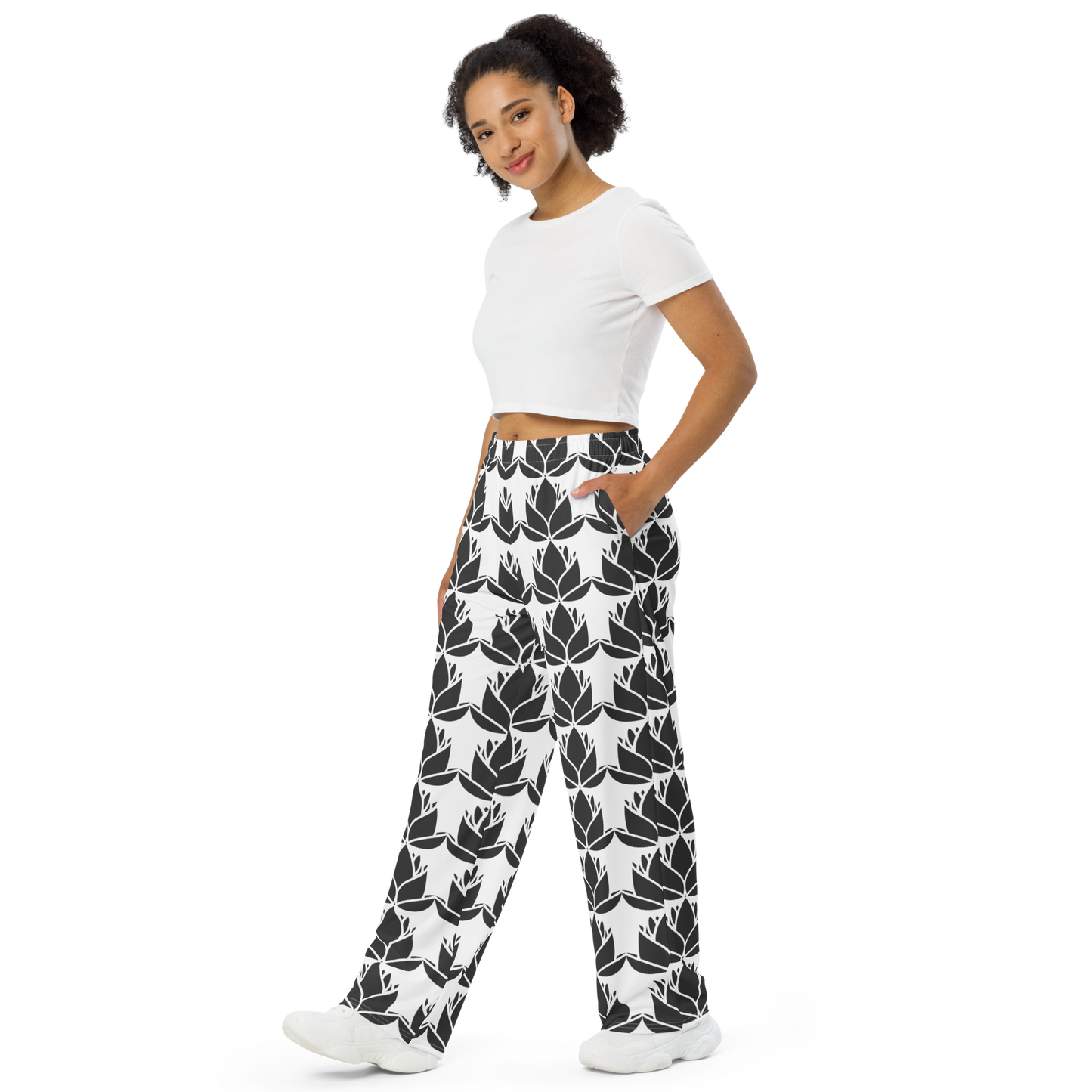 SleepSoundPeace: Unisex Wide-Leg Pants in White w/All-over Lotus Leaf Print - Relaxed Fit - Quality Easy-Stretch Fabric