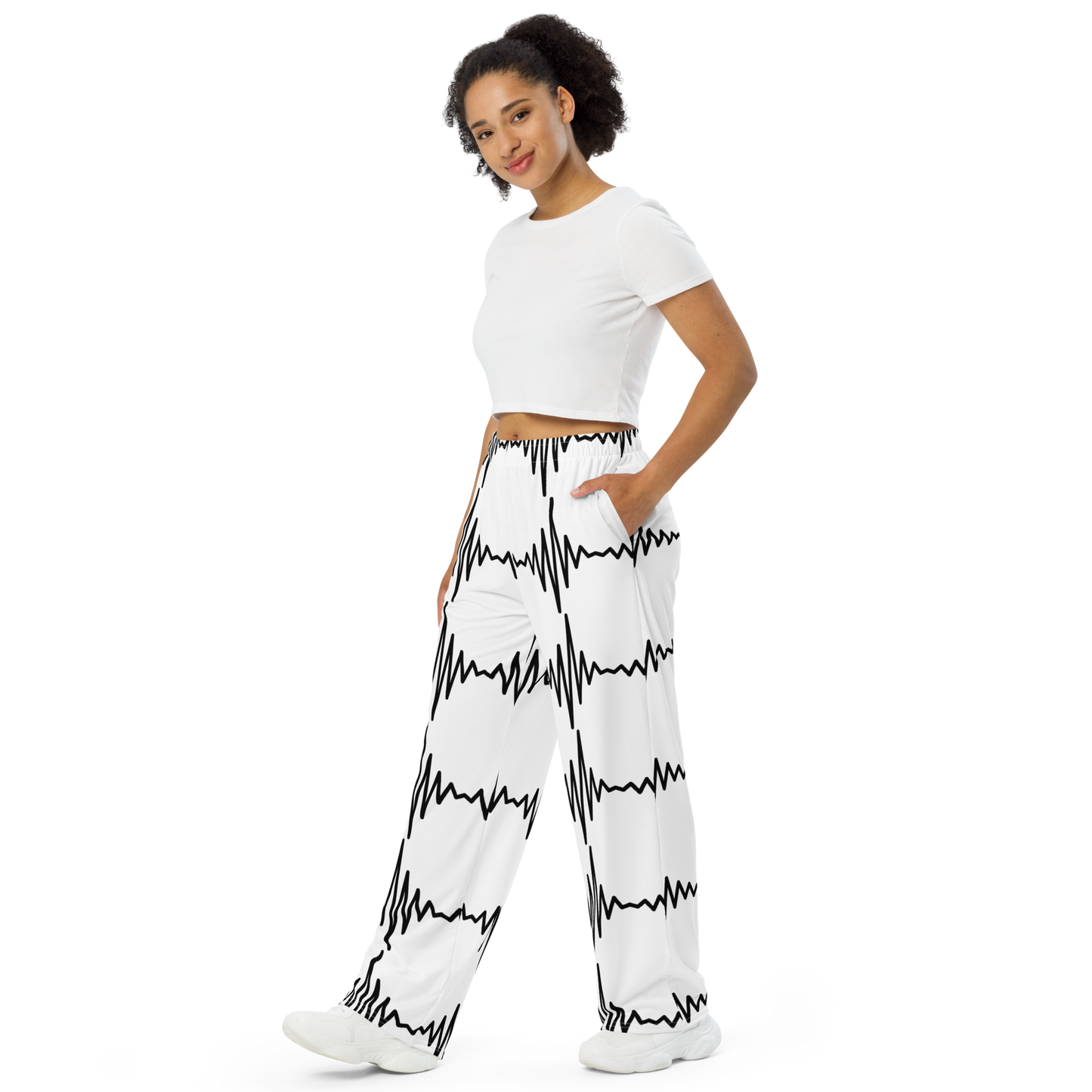 SleepSoundPeace: Wide-Leg Relaxed Fit Lounge Pants w/All-over Bold Sound Wave Graphic Print - White & Charcoal Black