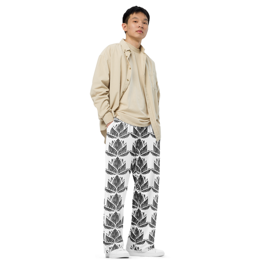 SleepSoundPeace: All-over print unisex wide-leg pants w/ bold lotus leaf graphic design