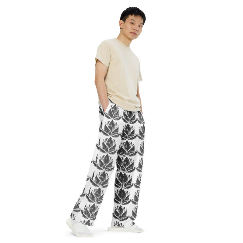 SleepSoundPeace: All-over print unisex wide-leg pants w/ bold lotus leaf graphic design